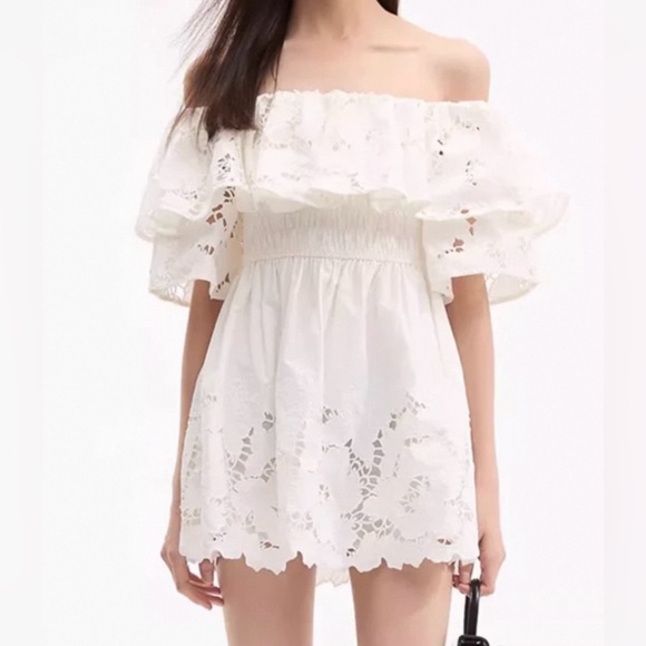 Self-Portrait Cotton Lace Mini Dress Off Shoulder A-line Dress - Size UK 10/US 6